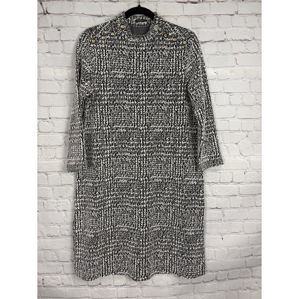 J.Mclaughlin Mare Mock Neck Dress M White & Black Jacquard Gold Buttons Heavy